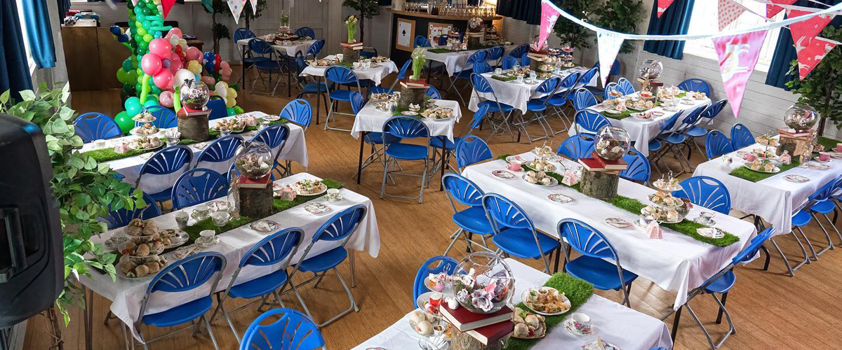 A photograph showing Ribchester Village Hall dressed for an event